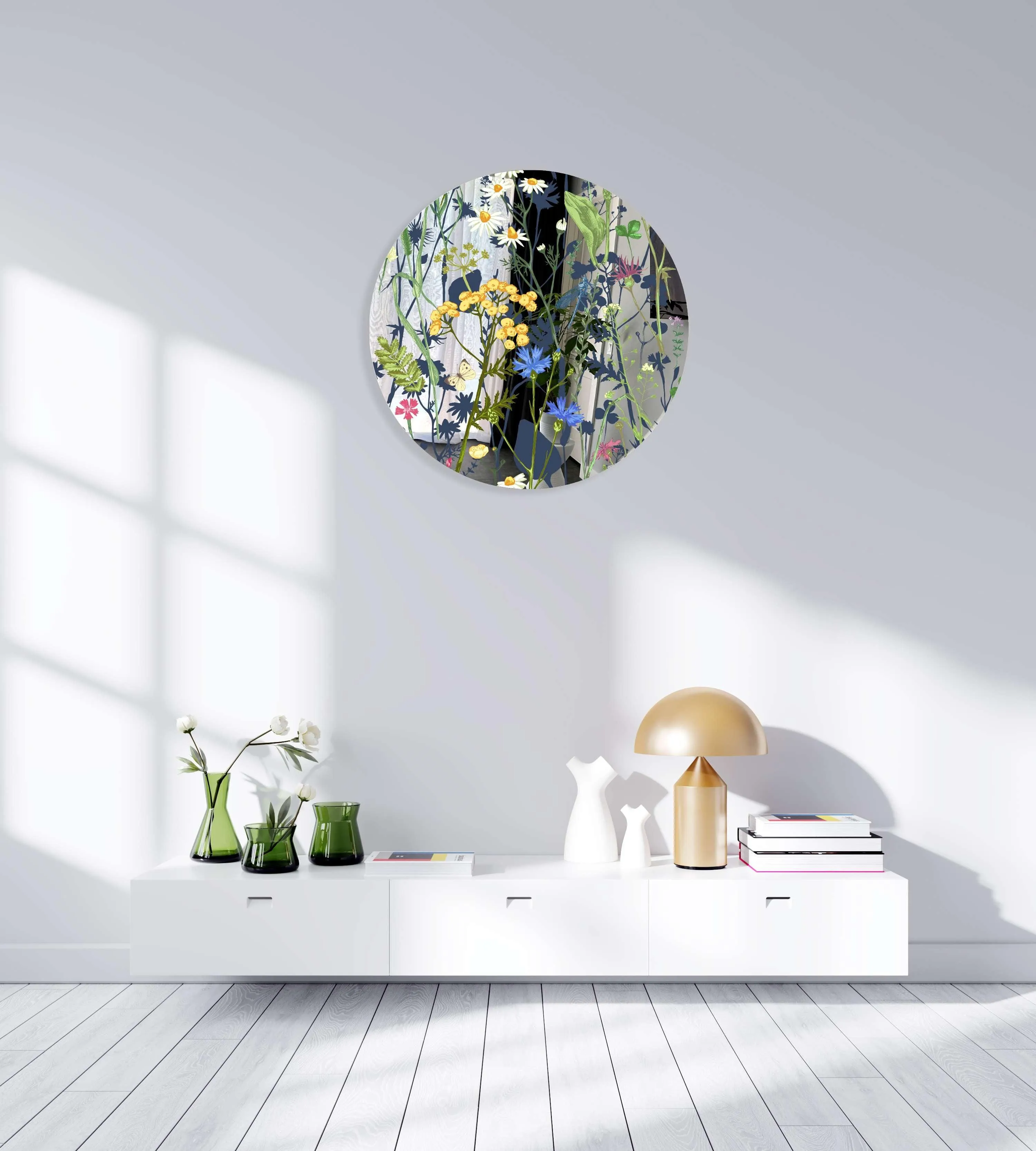 Colorful Herbs and Flowers on Dark Background Printed Mirror Acrylic Circles
