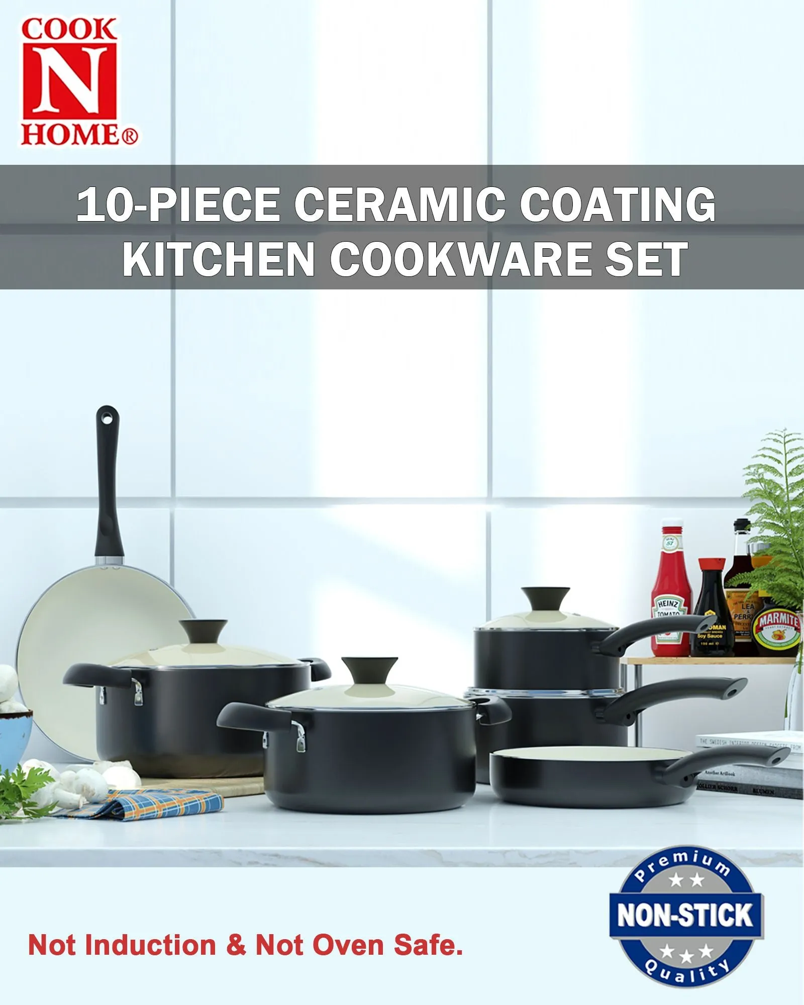 Cook N Home Pots and Pans Set Nonstick, 10 Piece Ceramic Kitchen Cookware Sets, Nonstick Cooking Set with Saucepans, Frying Pans, Dutch Oven Pot with Lids, Black