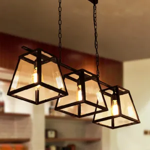 Countryside Clear Glass Island Pendant Light with Black Frame - 3 Bulbs