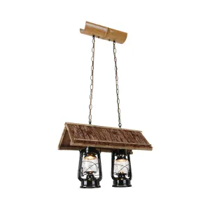 Farmhouse 2-Light Black Iron Pendant with Clear Glass Shade - Stylish Kerosene Island Hanging Light Fixture for Restaurants - Wood Roof Deco