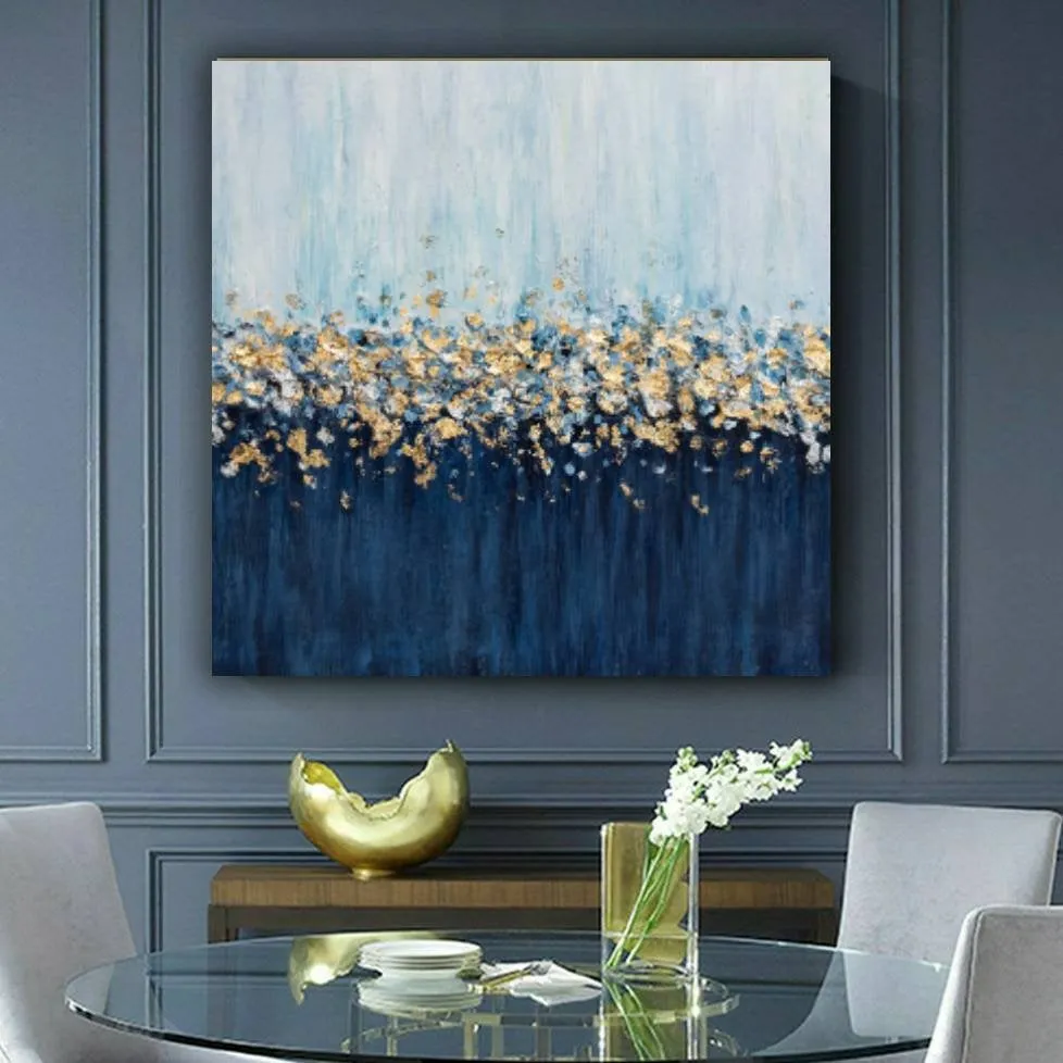 Gold Silver Leaf Painting Navy Blue Textured Painting on Canvas Kp060