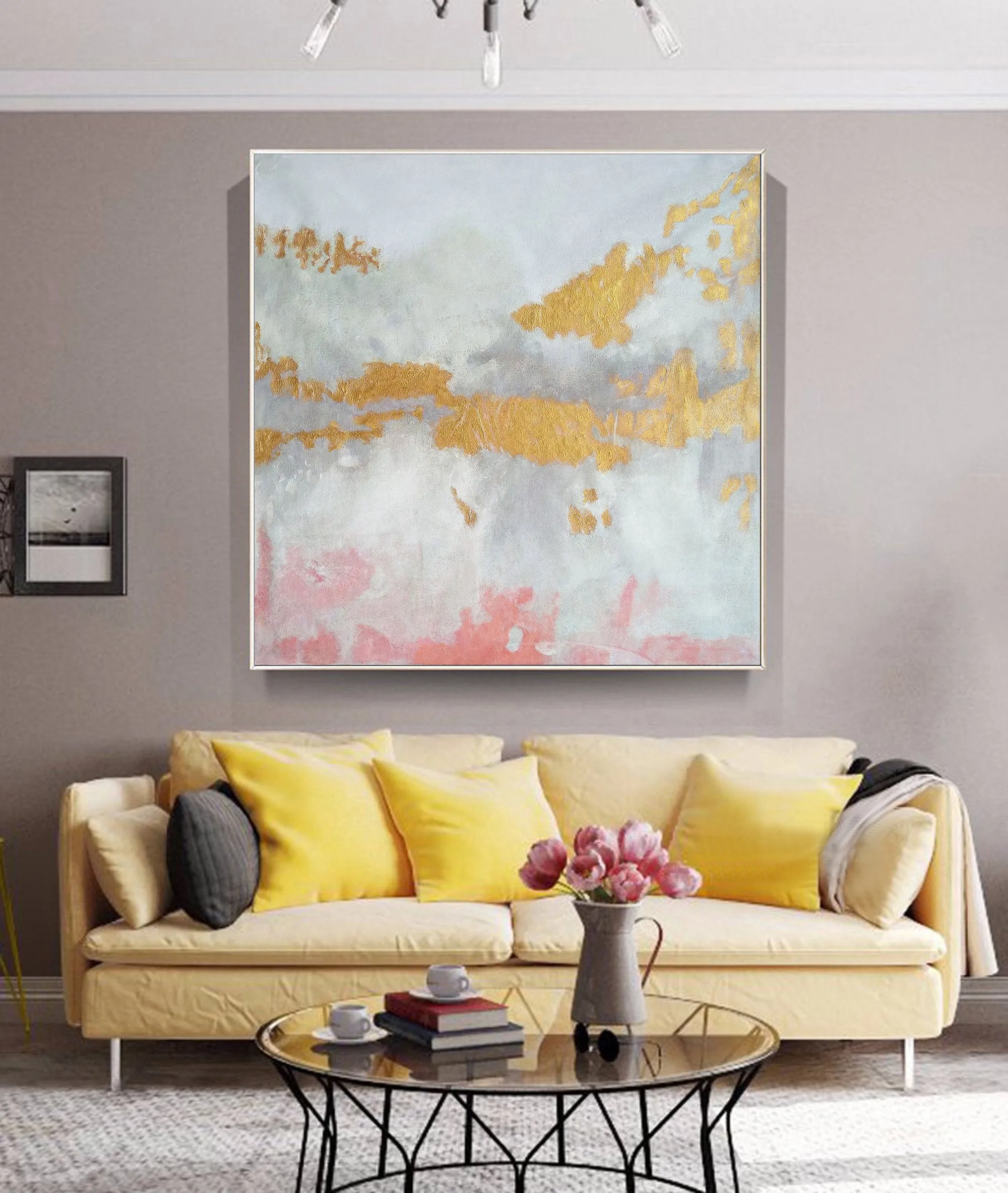 Gold White Pink Art Abstract Painting Oversized Art Canvas Op039