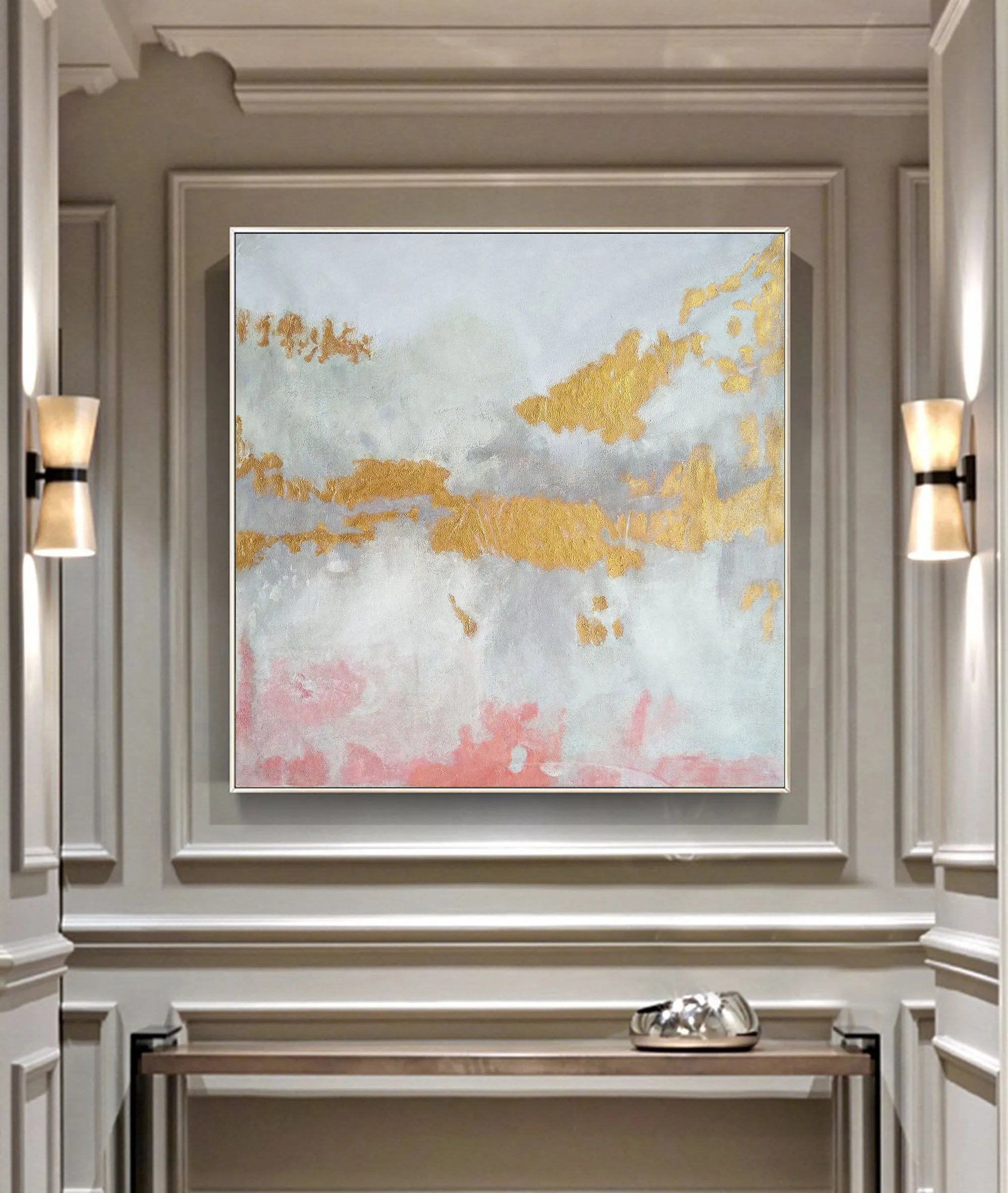 Gold White Pink Art Abstract Painting Oversized Art Canvas Op039
