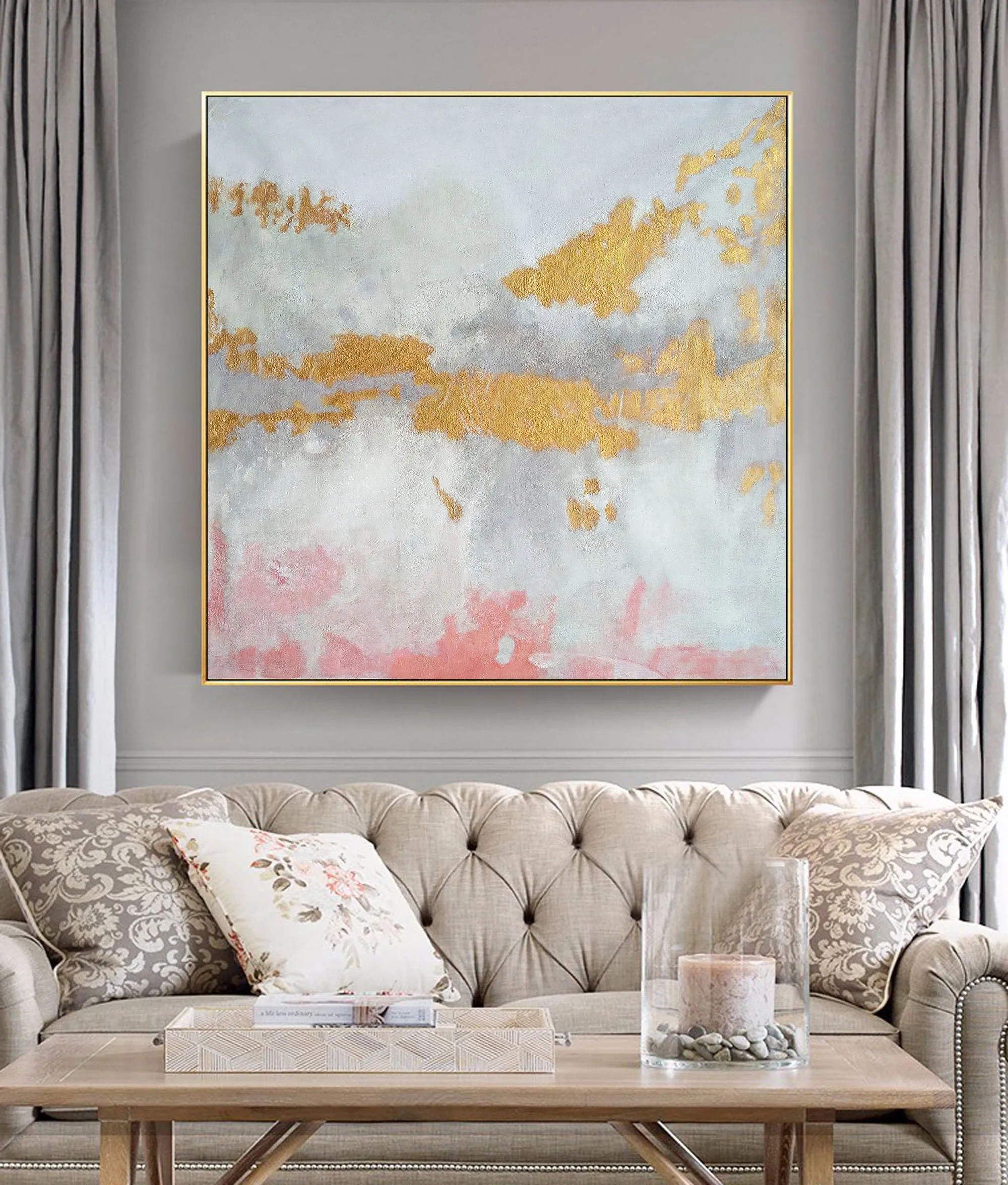 Gold White Pink Art Abstract Painting Oversized Art Canvas Op039