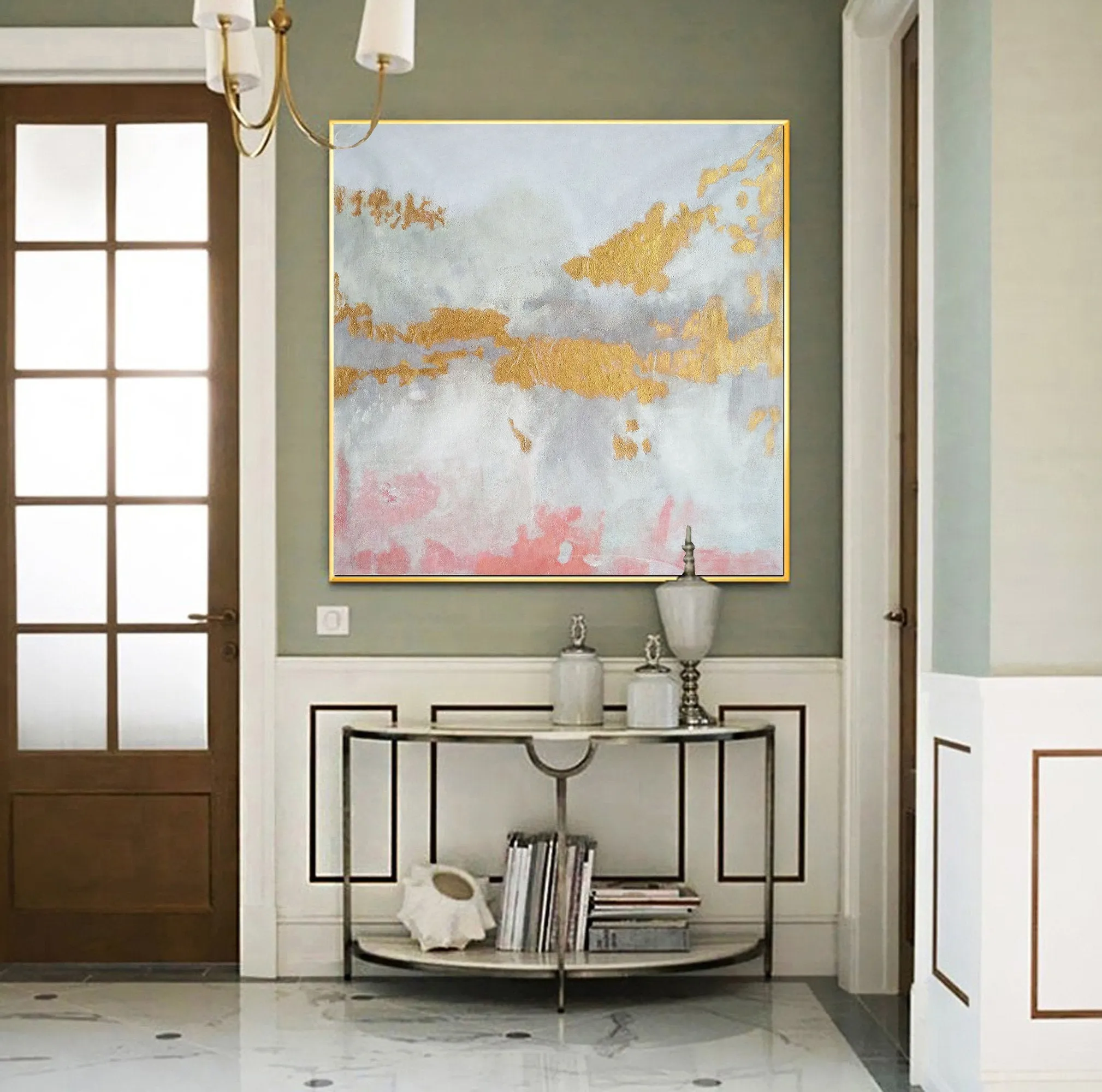 Gold White Pink Art Abstract Painting Oversized Art Canvas Op039