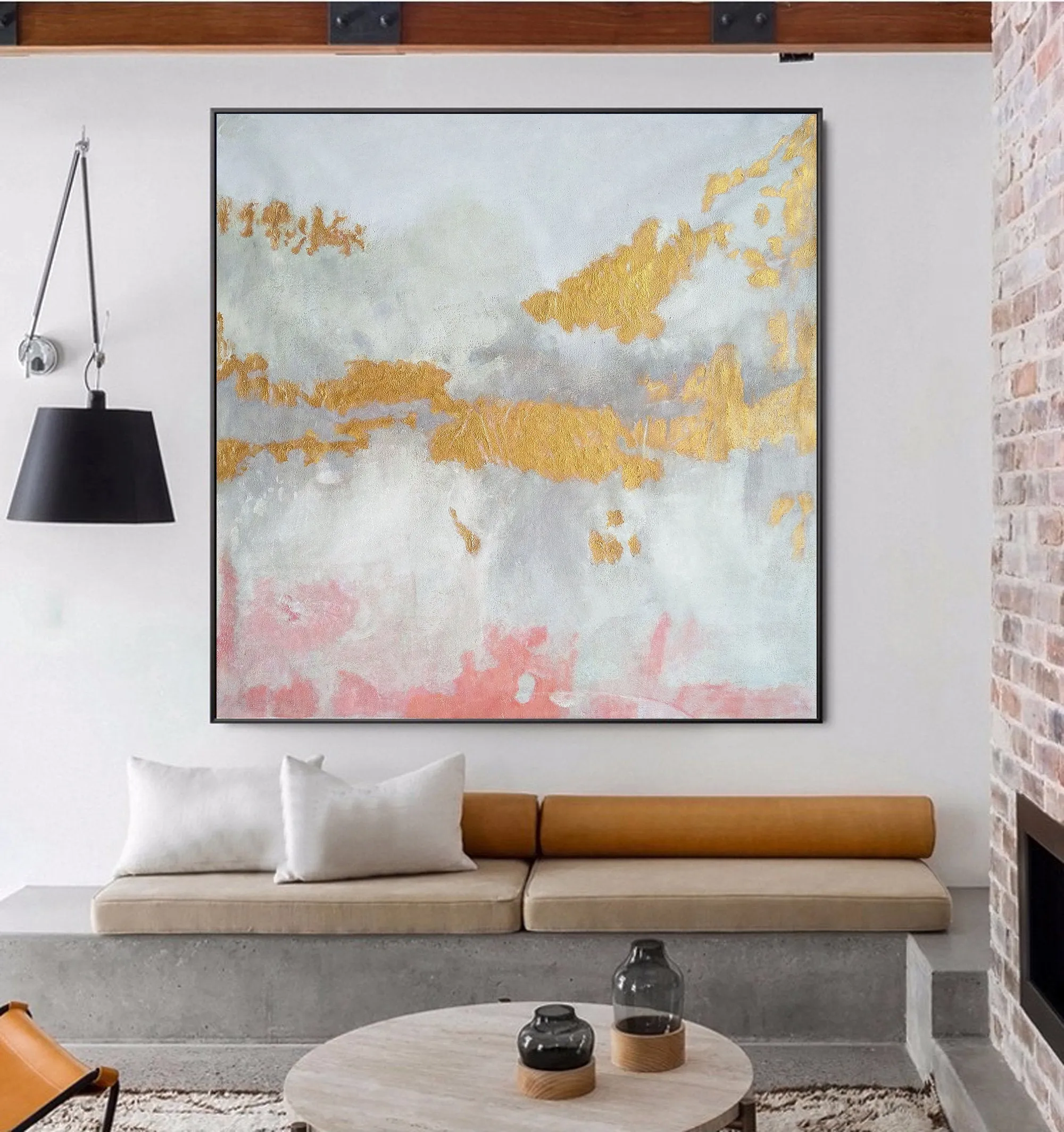 Gold White Pink Art Abstract Painting Oversized Art Canvas Op039