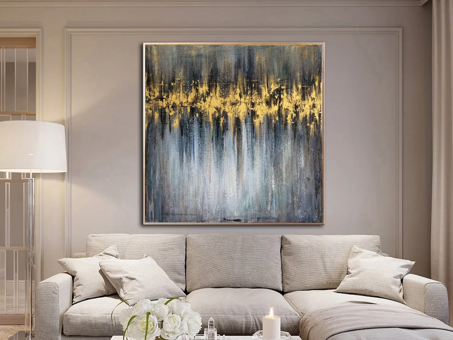Gray Abstract Painting Gold Leaf Art Original Office Decor Contemporary Art Sp032