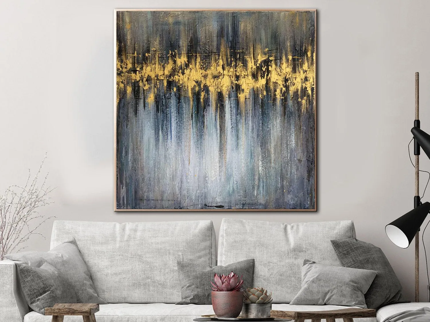 Gray Abstract Painting Gold Leaf Art Original Office Decor Contemporary Art Sp032