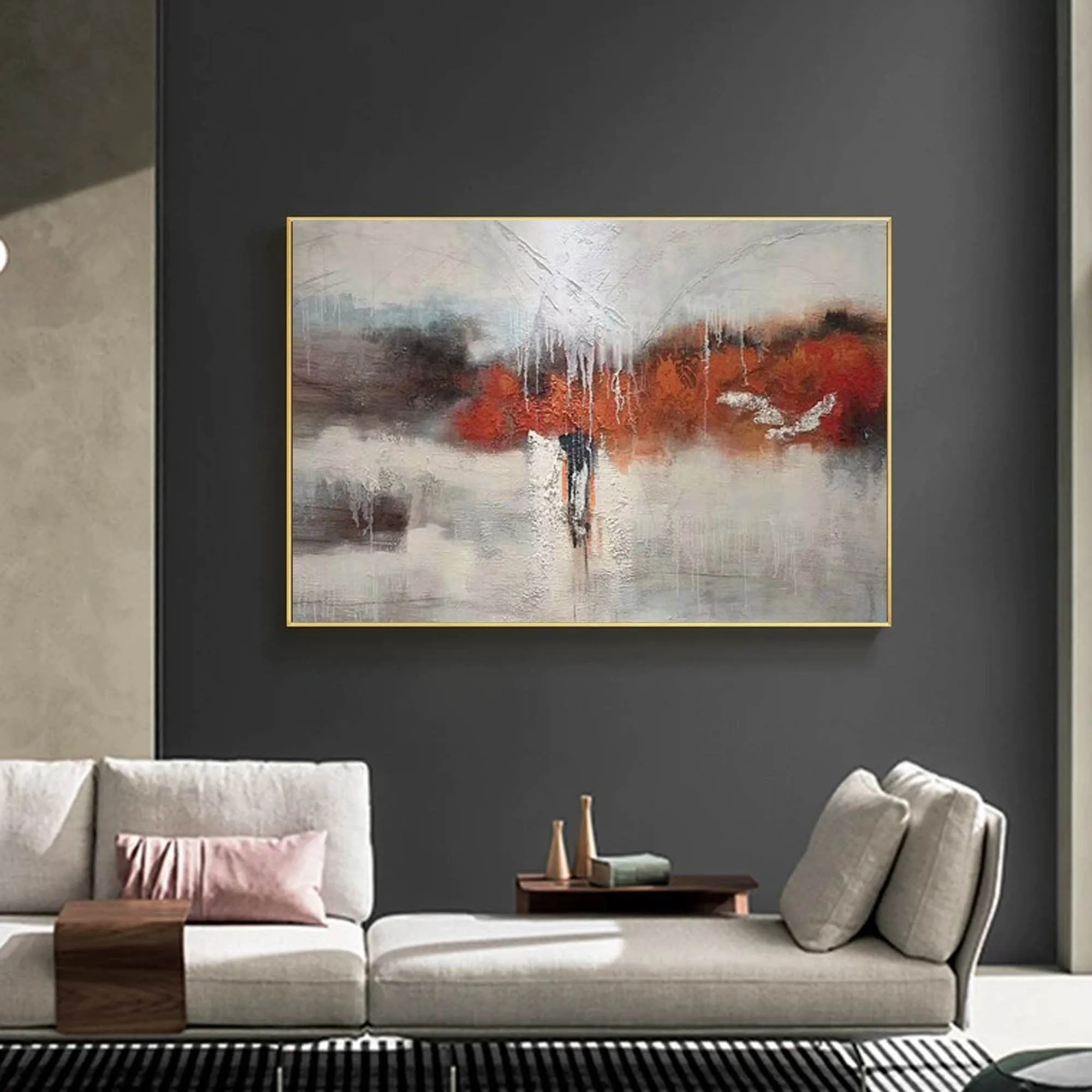 Gray Red White Textured Painting Oversized Abstract Art Wp044