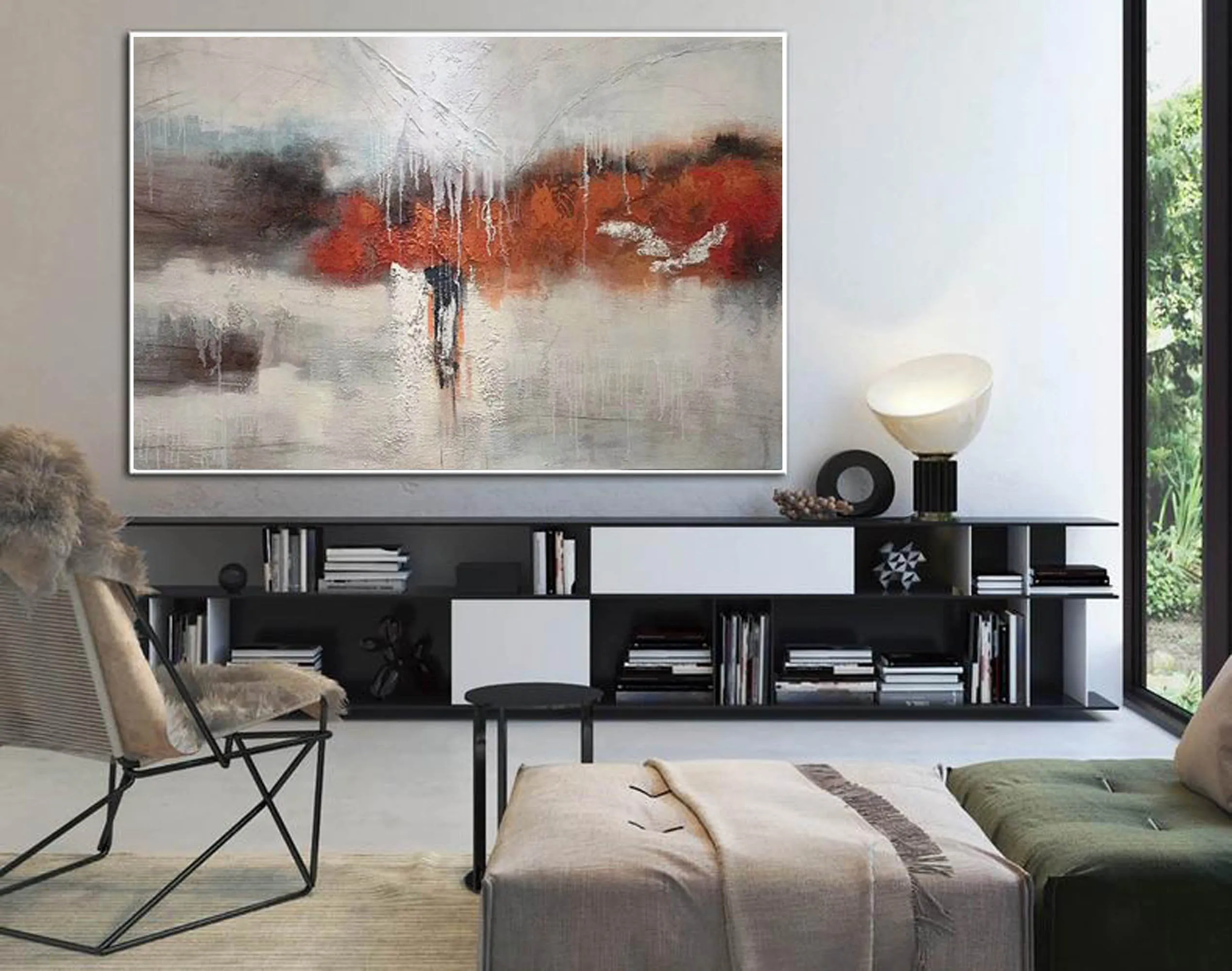 Gray Red White Textured Painting Oversized Abstract Art Wp044