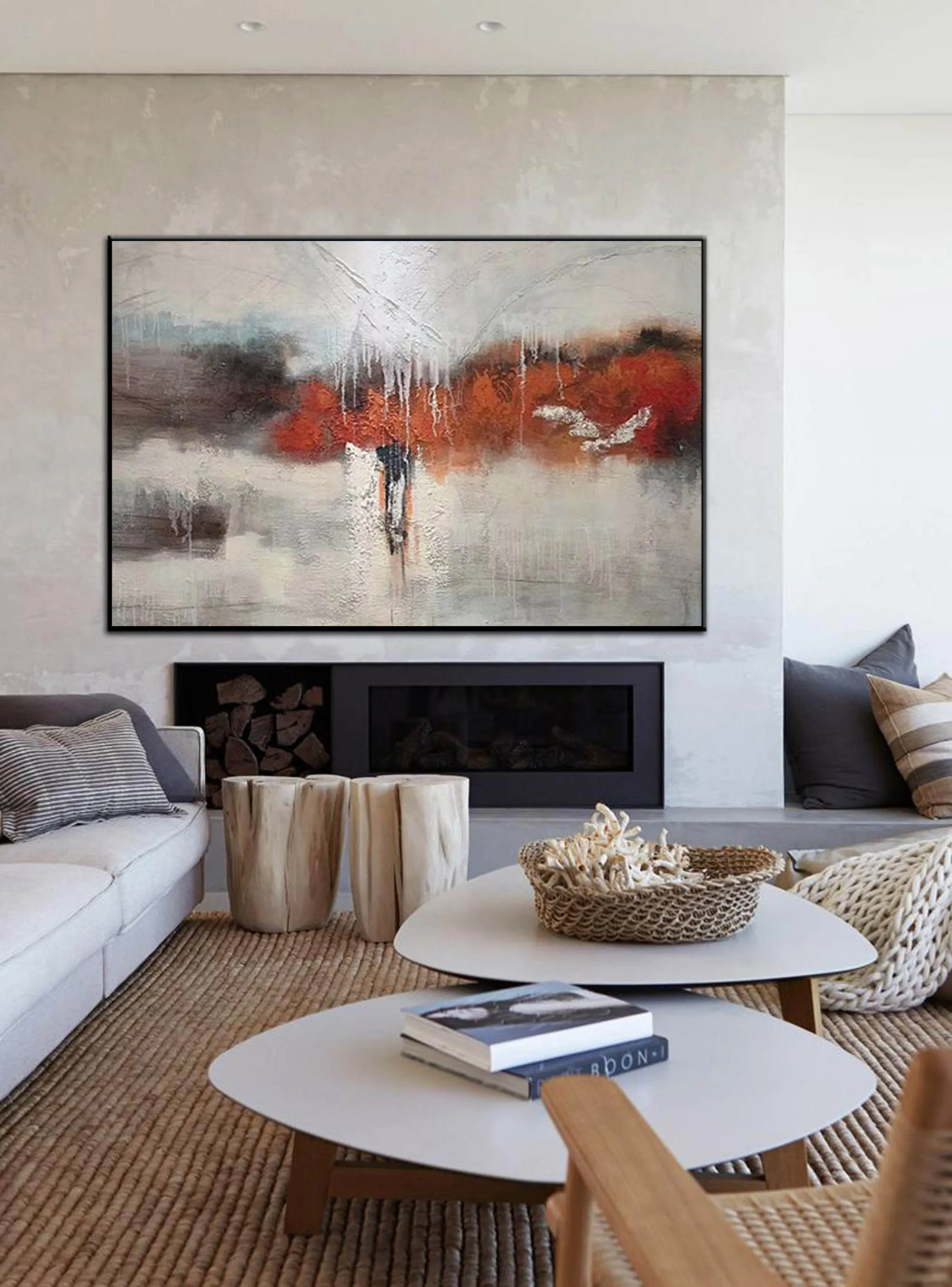 Gray Red White Textured Painting Oversized Abstract Art Wp044