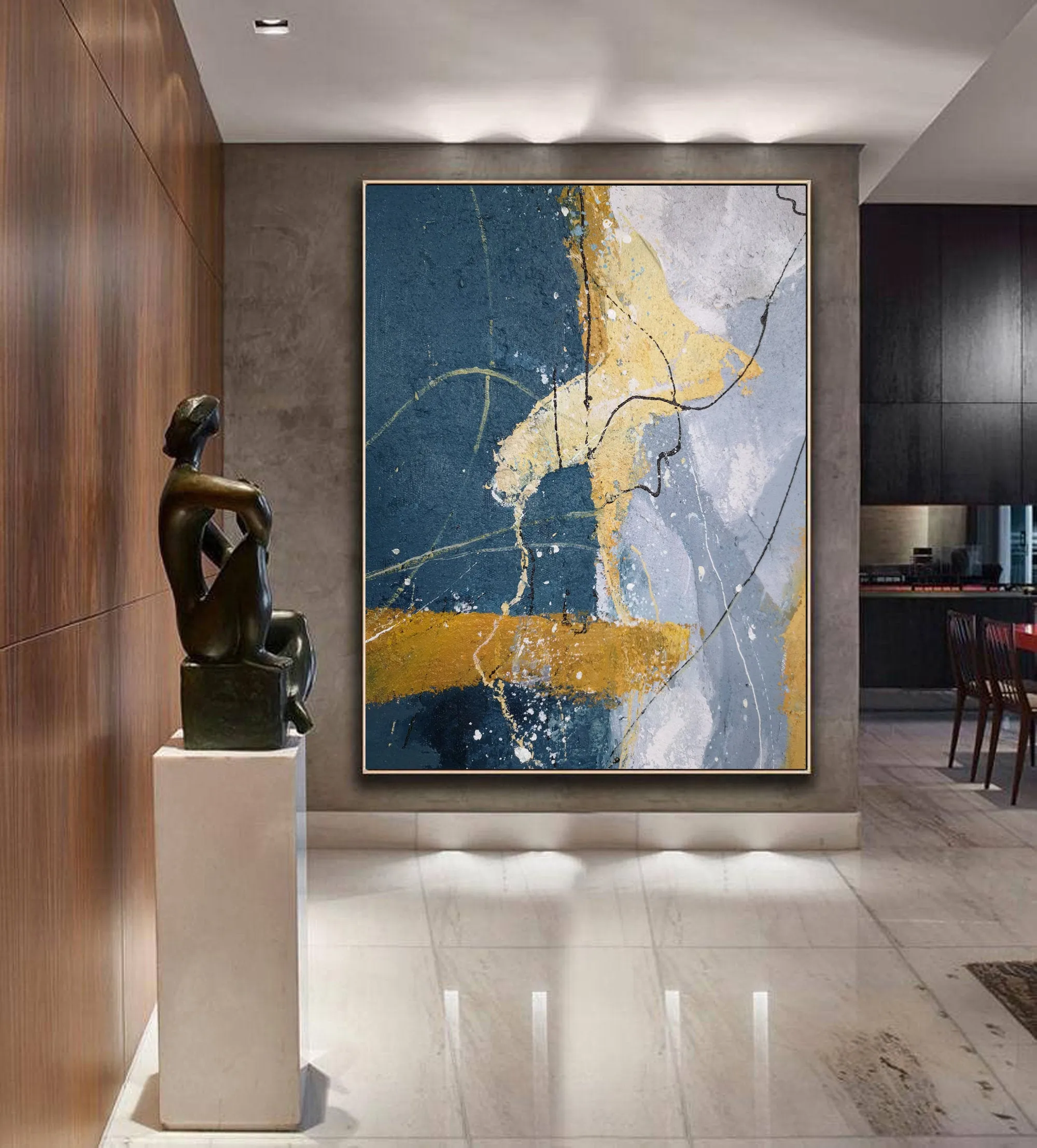 Grey And Blue Painting Large Abstract Art on Canvas Bp088
