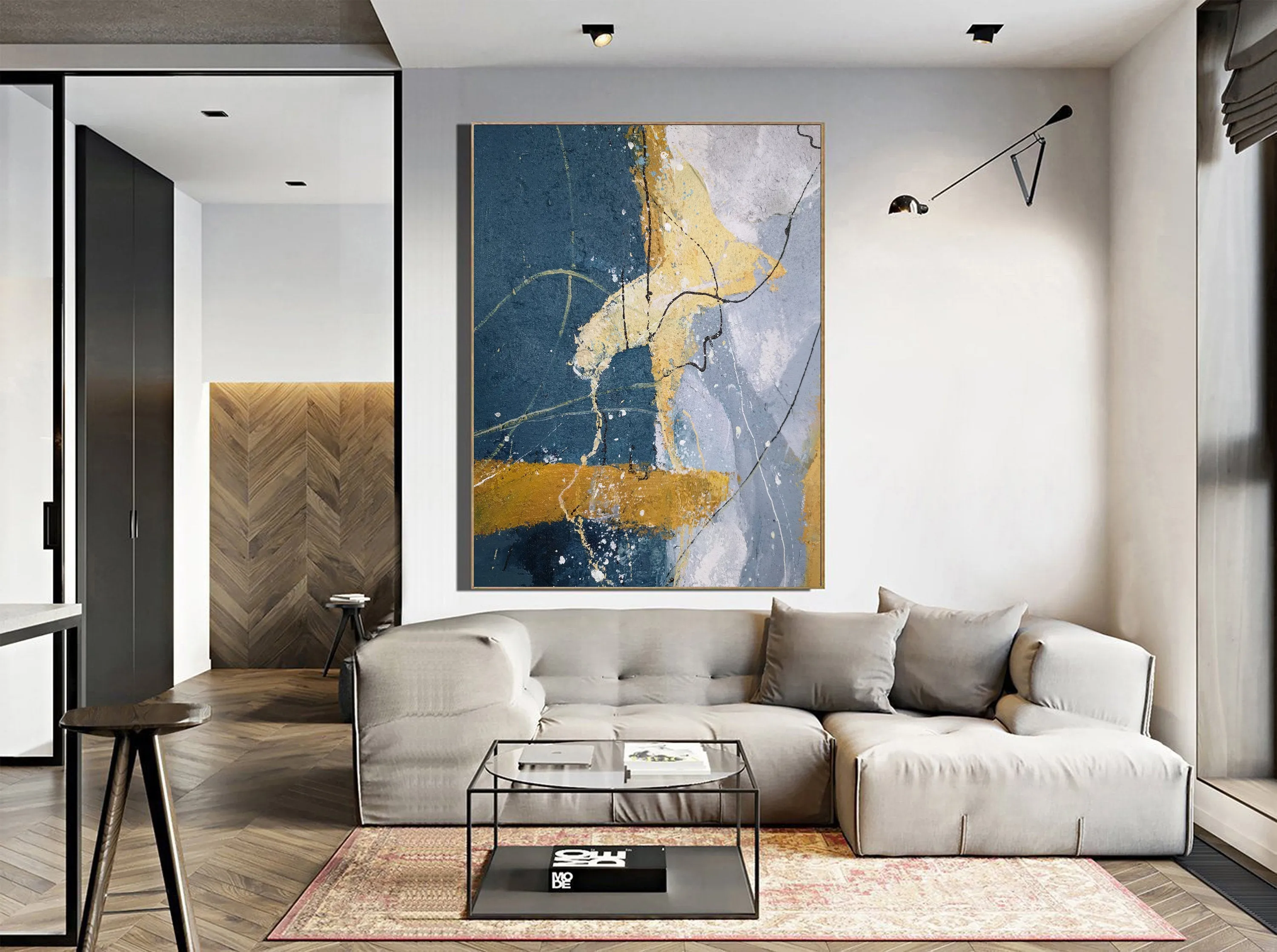 Grey And Blue Painting Large Abstract Art on Canvas Bp088