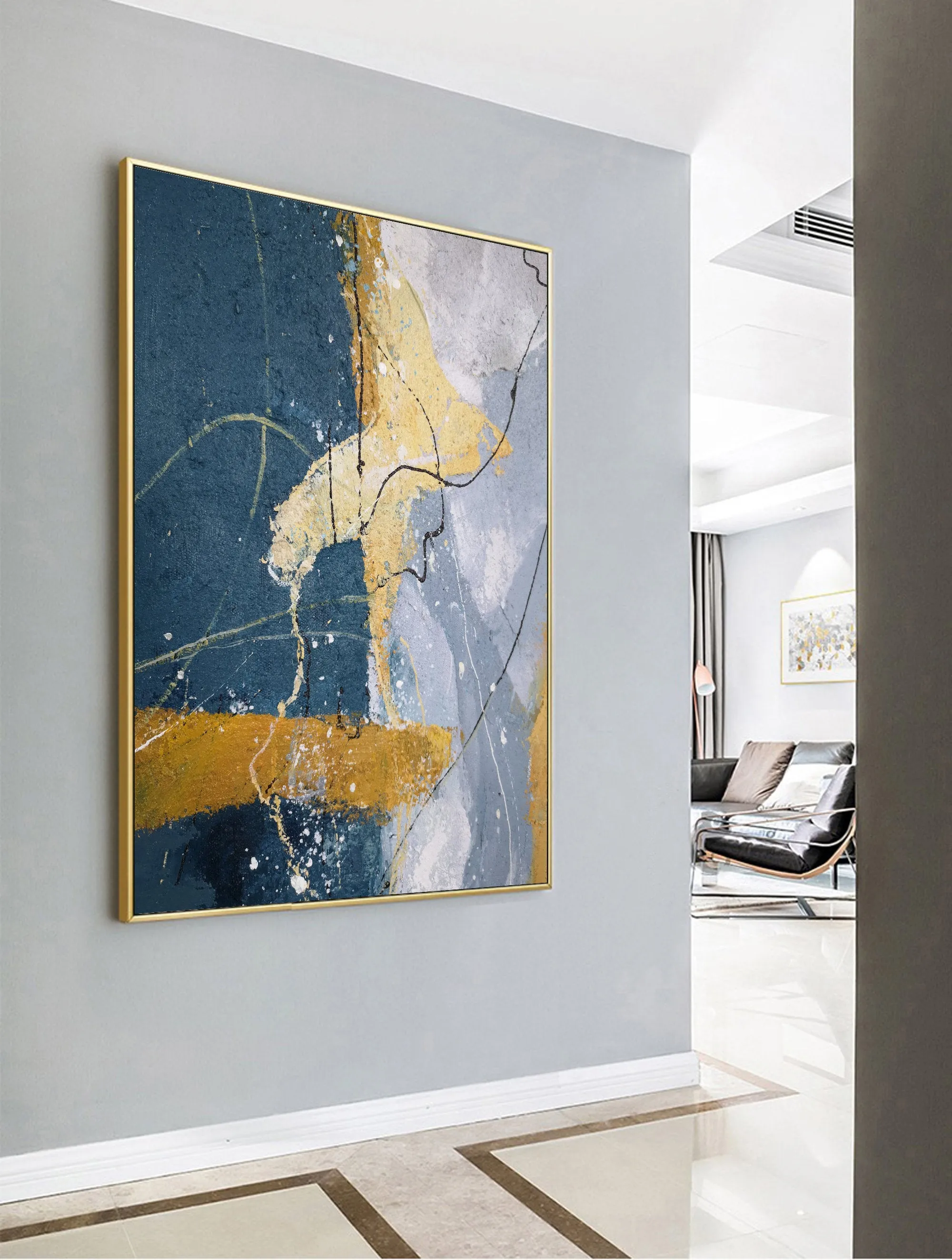 Grey And Blue Painting Large Abstract Art on Canvas Bp088