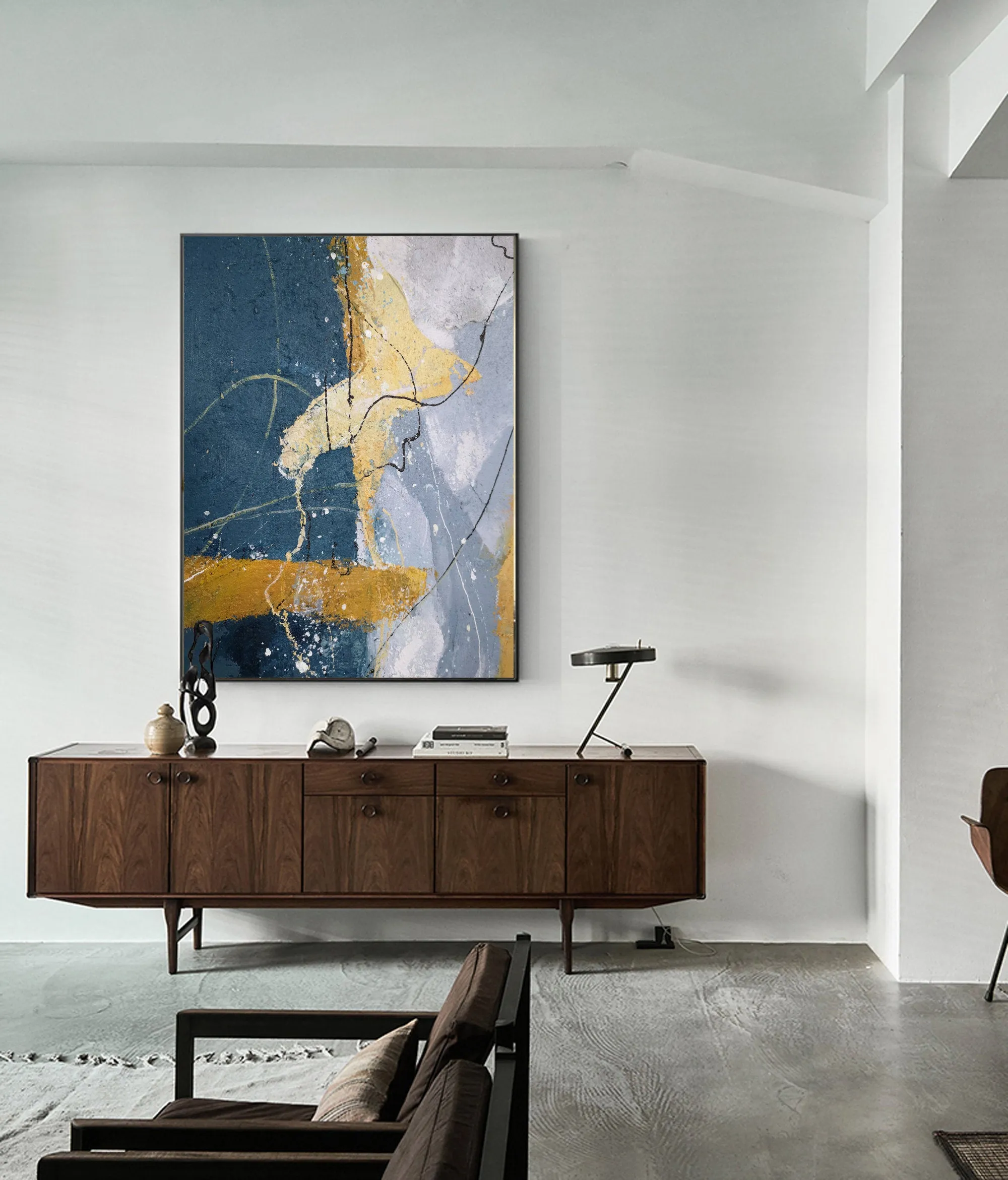 Grey And Blue Painting Large Abstract Art on Canvas Bp088