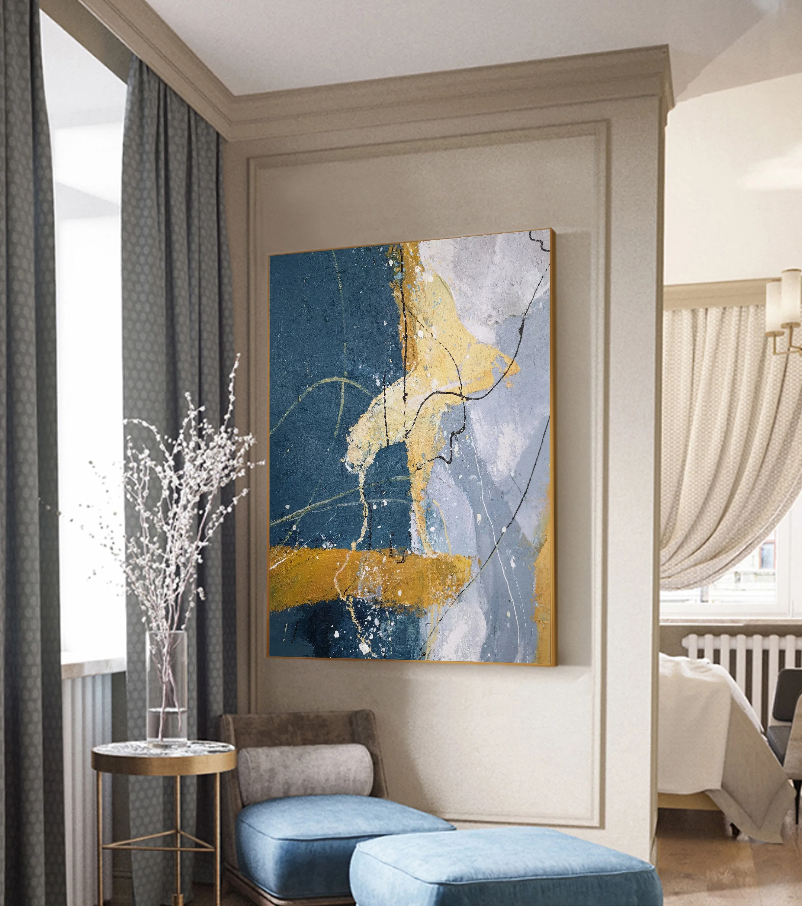 Grey And Blue Painting Large Abstract Art on Canvas Bp088