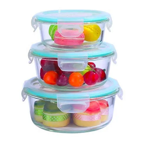 HOMIES, set of 3 piece, glass Storage/Serving Bowl Set lunch tiffin box with Clamp plastic lid