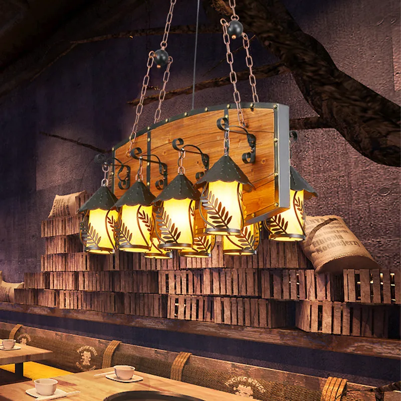 Industrial Black Lantern Island Pendant Light with 8 Lights, Metal Arm, White Fabric/Clear Glass - for Restaurant Ceiling