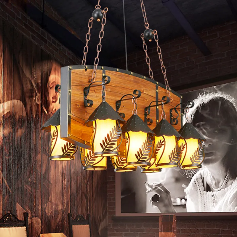 Industrial Black Lantern Island Pendant Light with 8 Lights, Metal Arm, White Fabric/Clear Glass - for Restaurant Ceiling