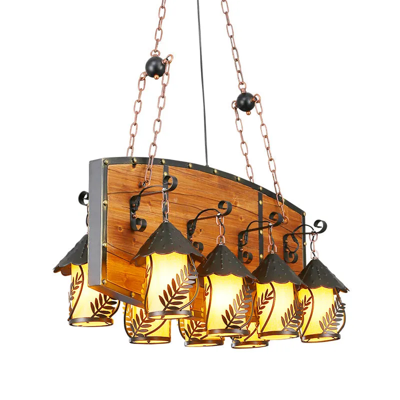 Industrial Black Lantern Island Pendant Light with 8 Lights, Metal Arm, White Fabric/Clear Glass - for Restaurant Ceiling