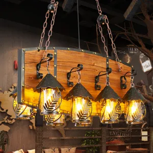Industrial Black Lantern Island Pendant Light with 8 Lights, Metal Arm, White Fabric/Clear Glass - for Restaurant Ceiling