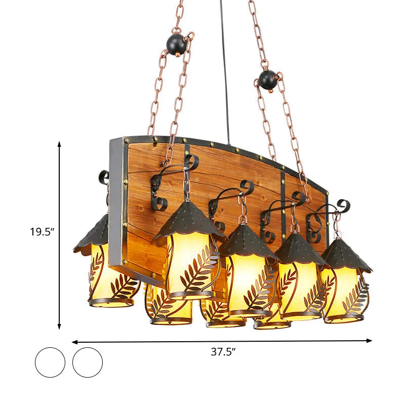 Industrial Black Lantern Island Pendant Light with 8 Lights, Metal Arm, White Fabric/Clear Glass - for Restaurant Ceiling