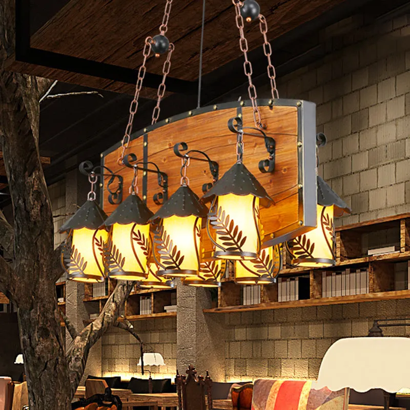 Industrial Black Lantern Island Pendant Light with 8 Lights, Metal Arm, White Fabric/Clear Glass - for Restaurant Ceiling