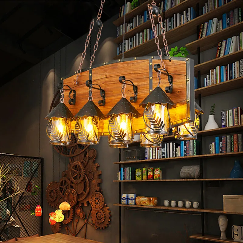Industrial Black Lantern Island Pendant Light with 8 Lights, Metal Arm, White Fabric/Clear Glass - for Restaurant Ceiling