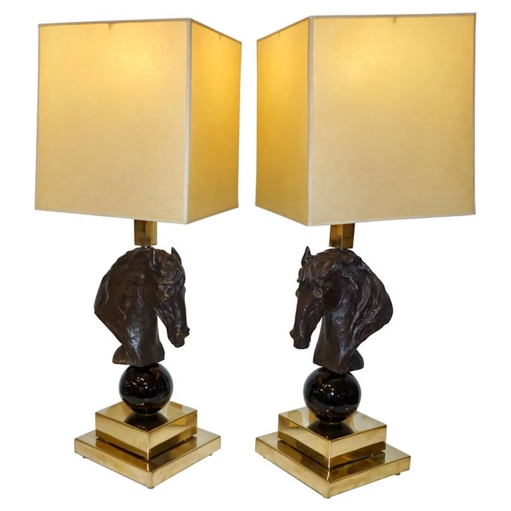 Italian Design 1990s Horse Bronze Sculpture Black Glass Pair of Brass Lamps