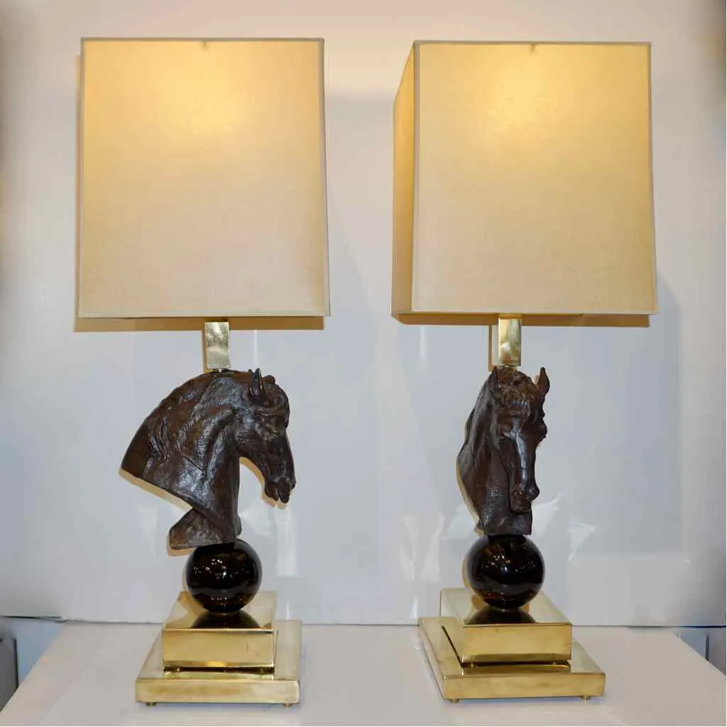 Italian Design 1990s Horse Bronze Sculpture Black Glass Pair of Brass Lamps
