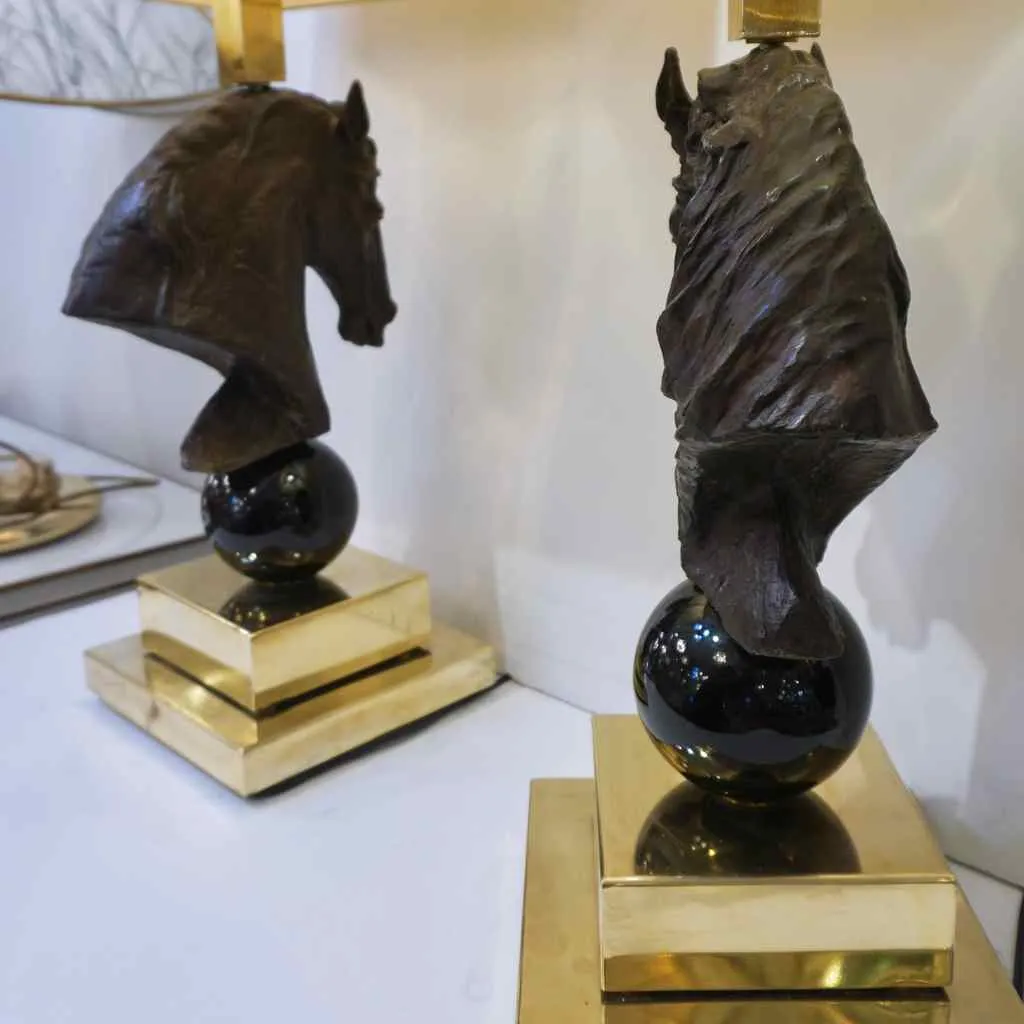 Italian Design 1990s Horse Bronze Sculpture Black Glass Pair of Brass Lamps