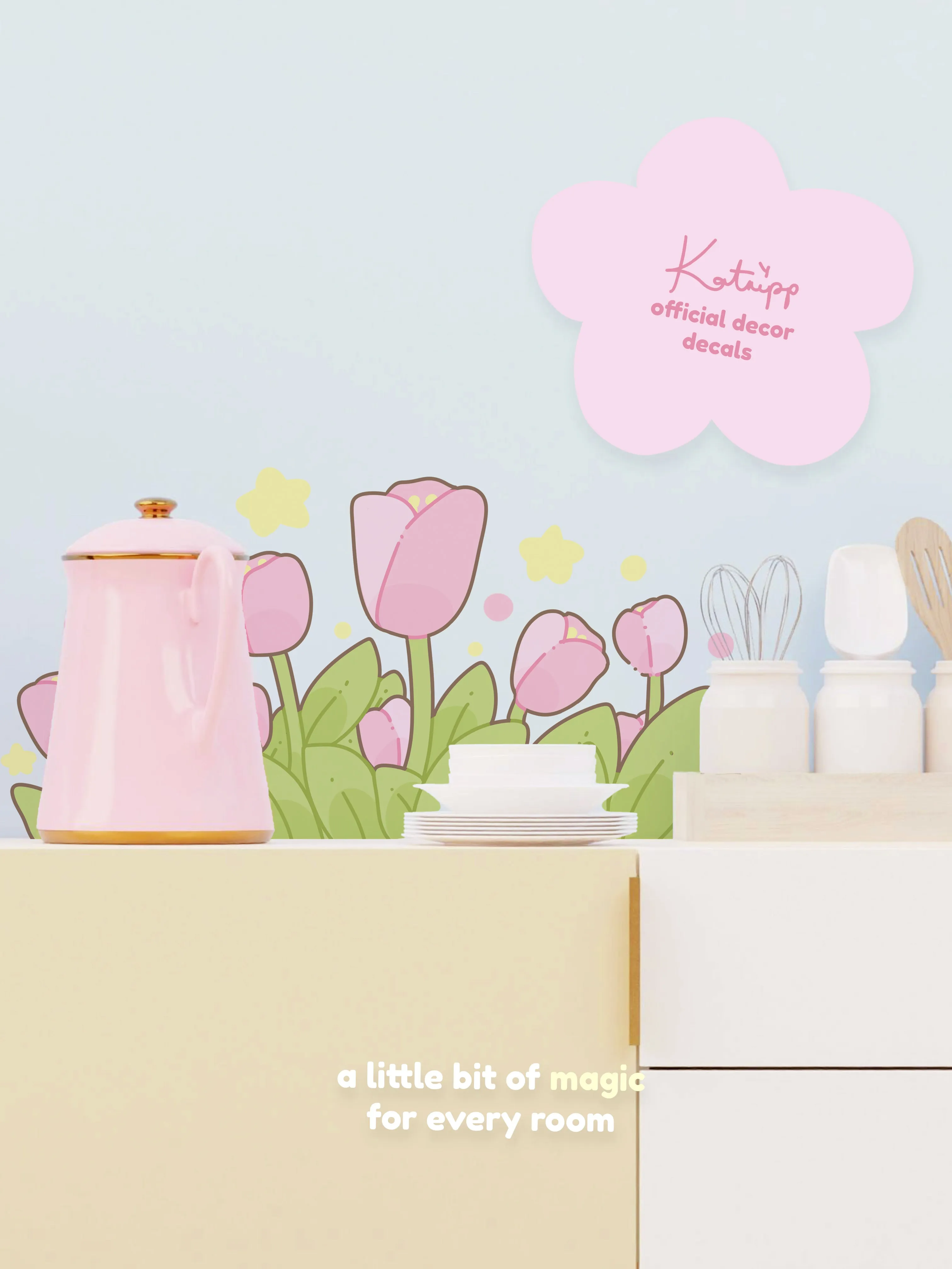 Katnipp Tulip Strip Wall Decal | Pastel Floral Border Sticker | Removable Kawaii Aesthetic Decor for Bedroom & Nursery
