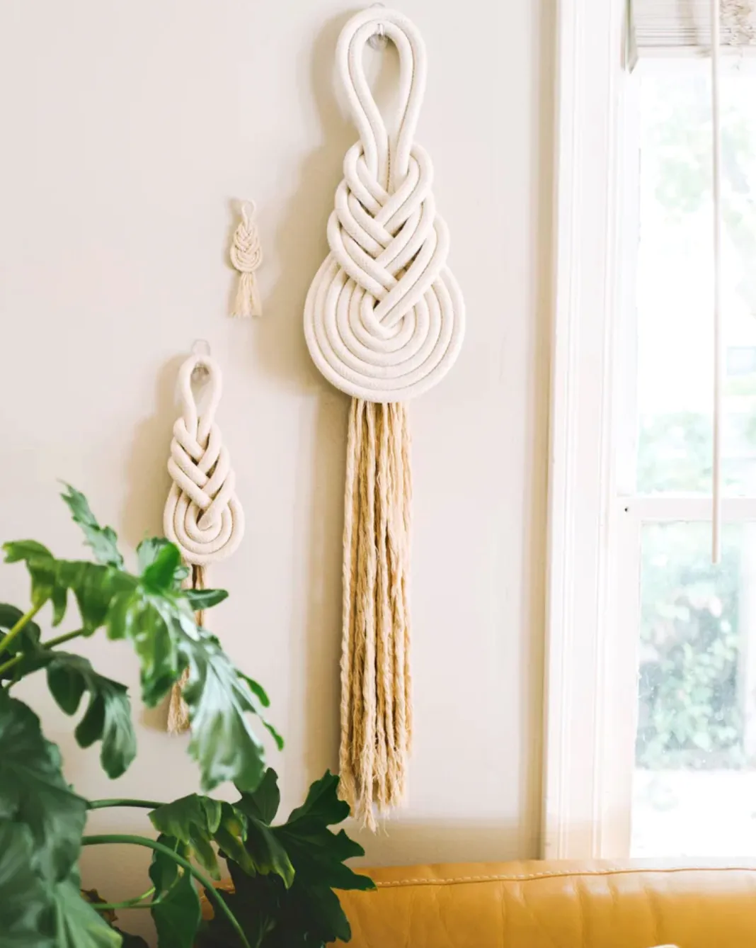 Medium 11" x 4.5" Handmade White Knot Rope Wall Hanging, Fair trade, Gives Freedom to Women
