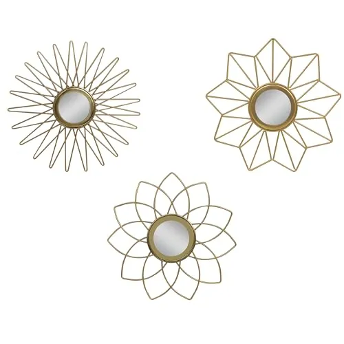 Metro Kreations Decorative Wall Mirror Set, 3 Pieces, Sunburst Design, Brass Finish | Glamour Design Wall Mount Hanging Mirror Sculpture,Wall Mirror for Living Room, Dining Hall, Bedroom