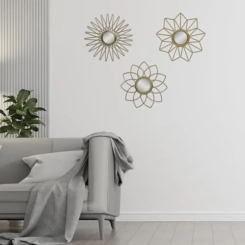 Metro Kreations Decorative Wall Mirror Set, 3 Pieces, Sunburst Design, Brass Finish | Glamour Design Wall Mount Hanging Mirror Sculpture,Wall Mirror for Living Room, Dining Hall, Bedroom