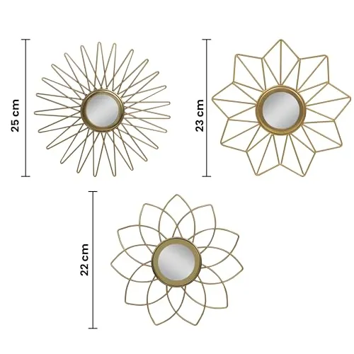 Metro Kreations Decorative Wall Mirror Set, 3 Pieces, Sunburst Design, Brass Finish | Glamour Design Wall Mount Hanging Mirror Sculpture,Wall Mirror for Living Room, Dining Hall, Bedroom