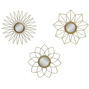 Metro Kreations Decorative Wall Mirror Set, 3 Pieces, Sunburst Design, Brass Finish | Glamour Design Wall Mount Hanging Mirror Sculpture,Wall Mirror for Living Room, Dining Hall, Bedroom