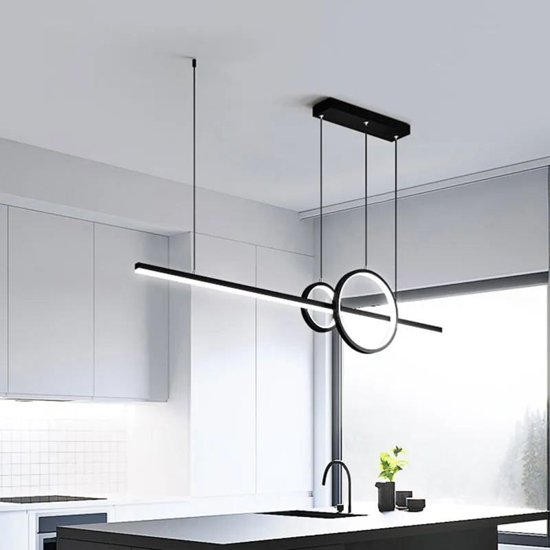 Modern Black/Gold Ring and Bar Metallic LED Island Pendant Lamp for Minimalist Kitchen Lighting