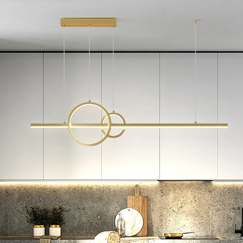Modern Black/Gold Ring and Bar Metallic LED Island Pendant Lamp for Minimalist Kitchen Lighting