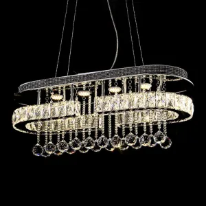 Modern LED Crystal Pendant Light with Stainless Steel Frame and Tassel Accents
