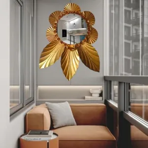 ns Fasion Mirror Wall Mounted Hanging Metal Wall Mirror Golden Leaf Design Size 24X24 Inches