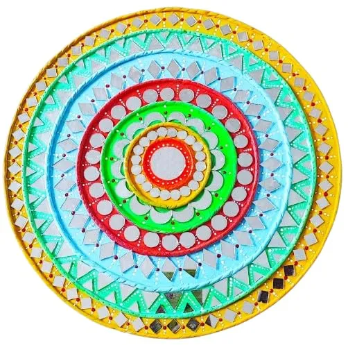 Sriaan Store Handmade MDF Painting Lippan Art Wall Hanging Rangoli Home Decoration in Circle with Mirror, 12 Inch