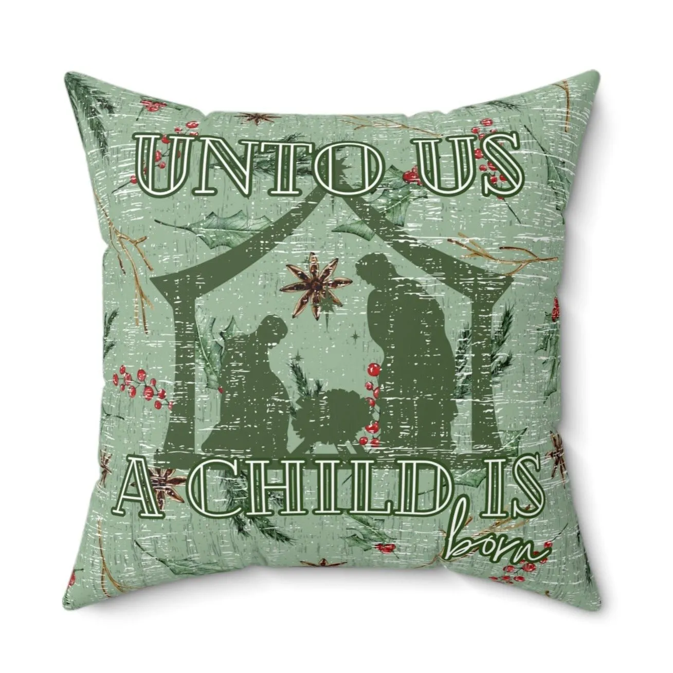 Unto Us a Child Is Born: Manger and Floral Spun Polyester Pillow