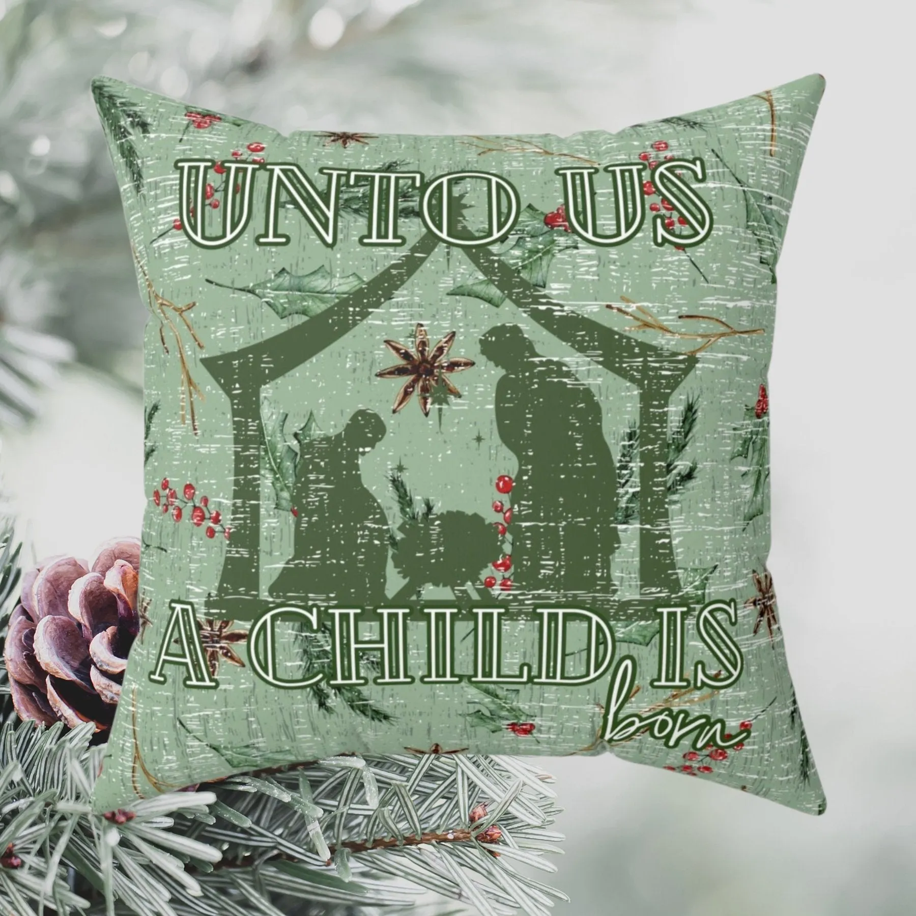 Unto Us a Child Is Born: Manger and Floral Spun Polyester Pillow