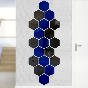 Wall1ders Hexagon 10 Blue 10 Black Acrylic Mirror Stickers for Wall, Decorative Items Home Decoration for Bedroom, Living Room, Office, Study Room